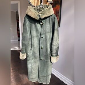 Vintage Russian Shearling Coat Sheepskin Suede & Wool Green SZ M